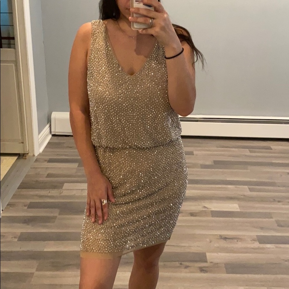 CACHE NUDE BEADED SHORT EVENING DRESS